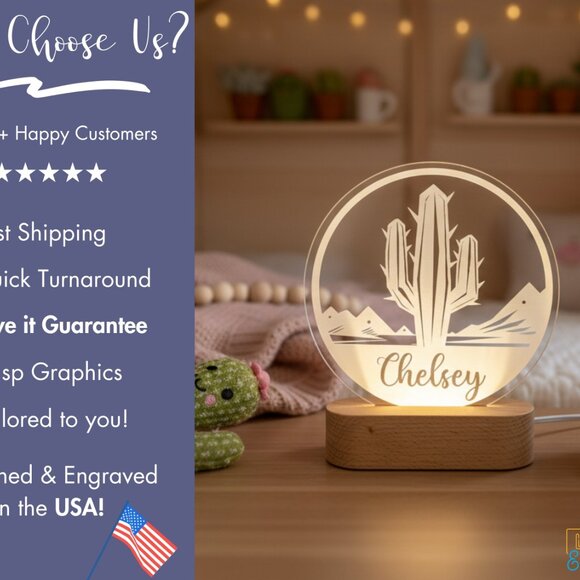 Personalized Cactus Night Light – Custom LED Lamp Kids Room Decor - Picture 4 of 8